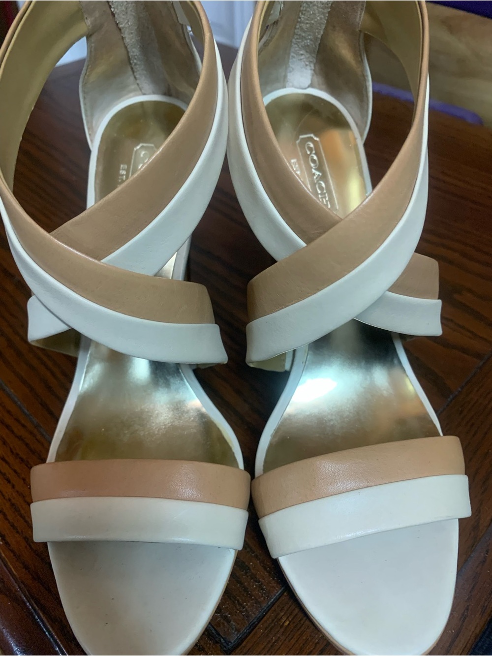 Coach Tan and White Crisscross Leather Heels